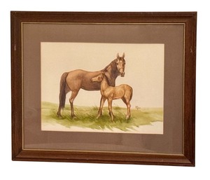lot 195 image: Geri Arnold Original Watercolor of Mare and Foal in Wood Frame