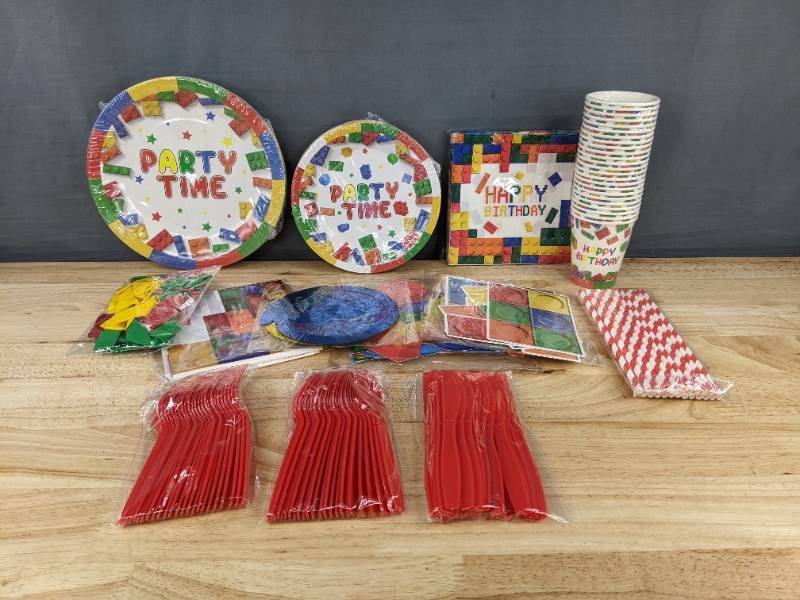 lot 842 image: Brand New Lego-Inspired Party Supplies Set with Plates, Cups, and Balloons