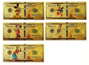 lot 22K image: 5 Disney 100th Anniversary Collectible Prop $100 Bills - Mickey, Minnie, Goofy, Donald and Daisy Duck - Brand New