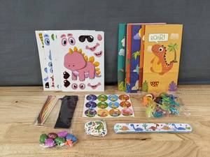 lot 326 image: Dinosaur Party Favor Set - Bags, Stickers, Toys, Eggs, Scratch Bookmarks - Brand New