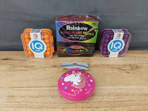 lot 338 image: 2 IQ Mini Puzzle Games, Rainbow Scratch Art, Unicorn Mirror Brush - Brand New