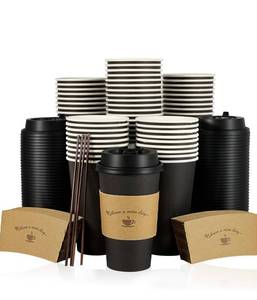 lot 109G image: 100 Litopak 16 oz Paper Coffee Cups with Lids, Sleeves, and Stirrers - Brand New