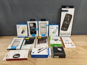lot 48G image: 9 Phone and AirPod Cases, Adapter, and 3 Cables OtterBox, Presidio, Anger, Belkin, Etc. - Brand New