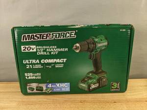 lot 1 image: Masterforce 20V Brushless 12 Hammer Drill Kit - Brand New