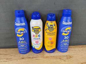 lot 901 image: 4 Sunscreen Sprays Coppertone Sport 30, Banana Boat Kids SPF 50 - Brand New