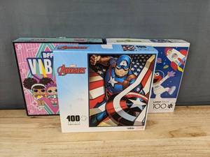 lot 79 image: 3 Brand New 100-Piece Kids Puzzles - Marvel Avengers, LOL Surprise, Sesame Street
