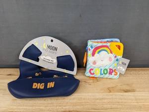 lot 85 image: Moon and Stars Silicone Bib and Soft Crinkle Colors Book - Brand New