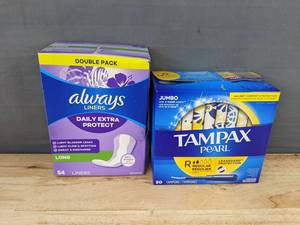 lot 104 image: 54 Always Unscented Liners in Long and 50 Tampax Pearl Tampons - Brand New