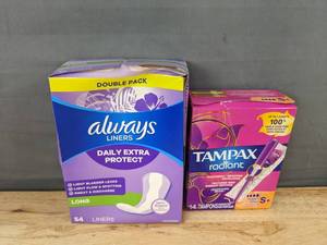 lot 111 image: 54 Always Liners Daily Extra Protect Long and 14 Tampax Radiant Tampons Super Plus Feminine Care