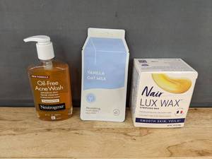 lot 117 image: Neutrogena Oil-Free Acne Wash, ESW Beauty Oat Milk Mask, and Nair Lux Wax Strapless Wax - Brand New