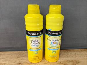 lot 120 image: Neutrogena Beach Defense Water 50 and Beach Defense Water Kids 70 Sunscreen Sprays  - Brand New