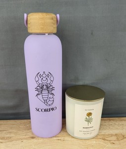 lot 123 image: Scorpio Glass Lavender Water Bottle and Marigold Soy Candle - Brand New