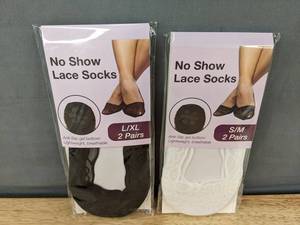 lot 141 image: 4 Pairs Womens No Show Lace Socks in White SM and Black LXL - Brand New