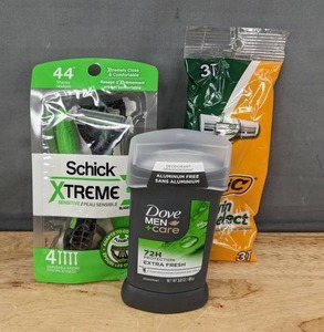 lot 158 image: 3 Schick and 3 Bic Disposable Razors Sets with Dove MenCare Deodorant - Brand New