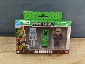 lot 37G image: 3 Minecraft 3D Erasers Creeper, Skeleton, Villager - Brand New