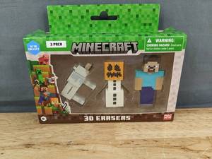 lot 197 image: Minecraft 3D Erasers 3-Pack Wolf, Snow Golem, Steve - Brand New