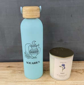 lot 203 image: Teal Aquarius Glass Water Bottle & February Violet Soy Candle - Brand New