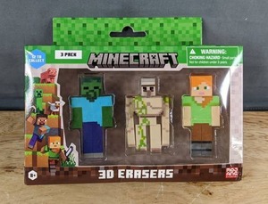 lot 208 image: Minecraft 3D Erasers 3-Pack Zombie, Iron Golem, and Alex - Brand New
