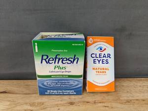 lot 235 image: 30 Refresh Plus Lubricant Eye Drops and Clear Eyes Natural Tears Lubricant Eye Drops - Brand New