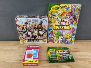 lot 240 image: Crayola Coloring Book, 3-D Puzzle, Alphabet Flash Cards, Crayons Metallic Markers - Brand New