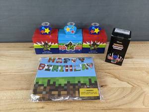 lot 244 image: Birthday Party Supplies Candy Boxes, Musical Candle, Minecraft Banner & Balloons - Brand New