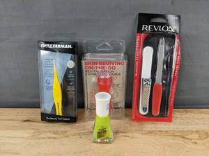 lot 246 image: 4 Nail and Skin Care Items Revlon Manicure and Skin Reviver On the Go, Tweezerman, Sally Hanson Gel Polish - Brand New