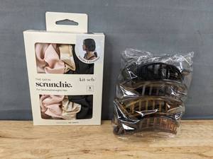 lot 248 image: 5 Kitsch Satin Scrunchies & 4 Assorted Hair Clips Set - Brand New