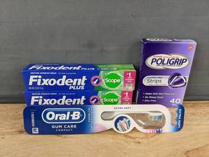 lot 269 image: 2 Fixodent Adhesive Creams, 40 Poligrip Strips, and Oral-B Gum Care Toothbrush - Brand New