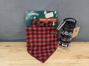lot 275 image: PETSHOPPE Dog Bandana and Bow Tie Set and Pet Container with 15 Waste Bags - Brand New