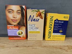 lot 292 image: 20 Sally Hansen Face and Bikini Wax Strips, 2 oz Nair Hair Remover Face Cream, .5 oz Maximum Strength Neosporin - Brand New