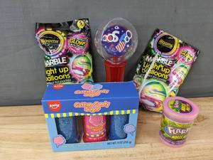 lot 299 image: 10 Light Up Balloons, Spinner Wand Flarp Noise Putty, AMOS Cotton Candy Sugar - Brand New