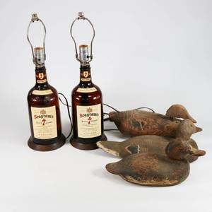lot 53 image: Homemade Wood Ducks & Liquor Bottle Lamps