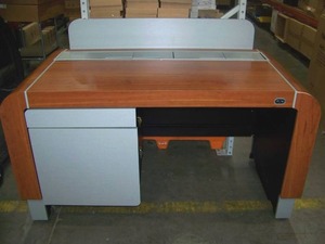 lot 3 image: Middle Atlantic L7-Series Adjustable Height Frame Montana Walnut  Silver Accents ADA Lectern - Sit - Stand Desk