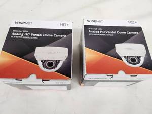 lot 20 image: Lot of 2 Wisenet HD Analog HD Vandal Dome Cameras HCV-7070RA with Accessories