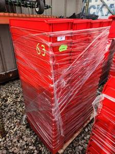 lot 63 image: Pallet of Red Industrial Storage Bins with Black Dividers