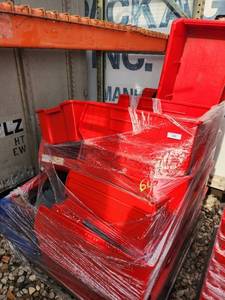 lot 64 image: Bulk Lot of Red Plastic Storage Totes and Lids on Pallet