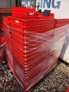 lot 65 image: Pallet of Red Plastic Storage Bins with Dividers