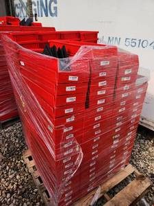 lot 66 image: pallet of red plastic storage bins