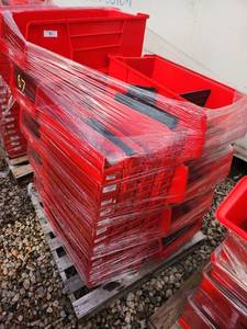 lot 67 image: Pallet of Red Plastic Stackable Storage Bins with Dividers
