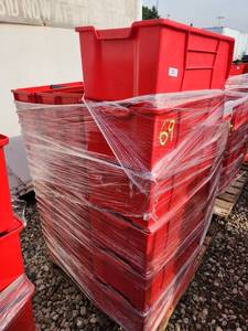 lot 69 image: Bulk Lot of Red Plastic Storage Totes with Lids and Dividers