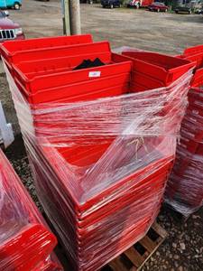 lot 71 image: Bulk Lot of Red Plastic Material Handling Bins on Pallet