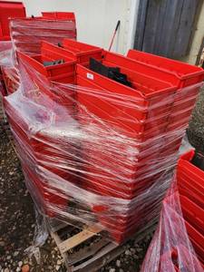 lot 72 image: Pallet of Red Stackable Storage Bins with Black Dividers