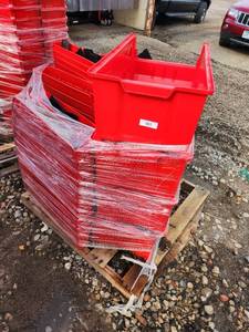lot 73 image: Pallet of Red Plastic Storage Bins and Dividers