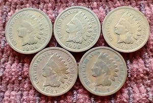 lot 7 image: (5) Indian Pennies - (2) 1800s