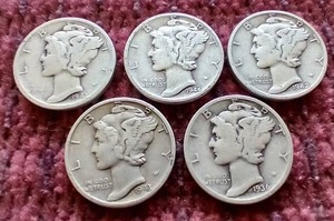 lot 61 image: (5) Mercury Dimes