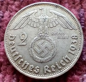 lot 69 image: 1938 Germany Third Reich Silver 2 Mark Coin