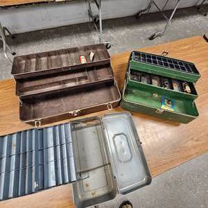 lot 52 image: 3-50s and 60s Steel Fishing Tackle Boxes