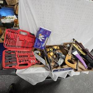 lot 108 image: Lof of Drills, DeWalt, Heat Gun and Misc Tools