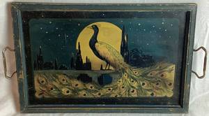 lot 32 image: Vintage Art Deco Peacock Over the Moon Reverse Painted Art Cocktail Serving Tray