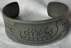 lot 54 image: Vintage Norwegian Rock Carvng Pewter Cuff Bracelet Made in Norway